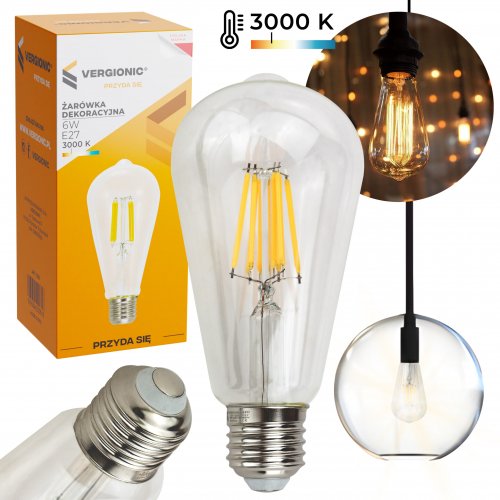 Vergionic 7555 Dekoratívna LED žiarovka 6W, E27, 3000K, teplá biela