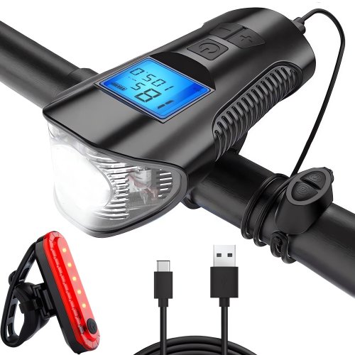 Verk 14490 Vodeodolné LED svetlo na bicykel USB, tachometer, el.zvonček 150db